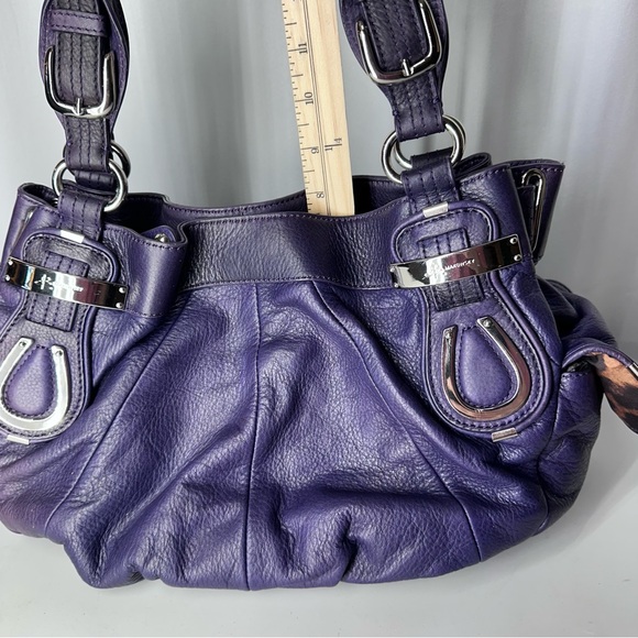 B. Makowsky Purple Pebbled Leather Satchel Cheetah Lining EUC - Picture 15 of 16